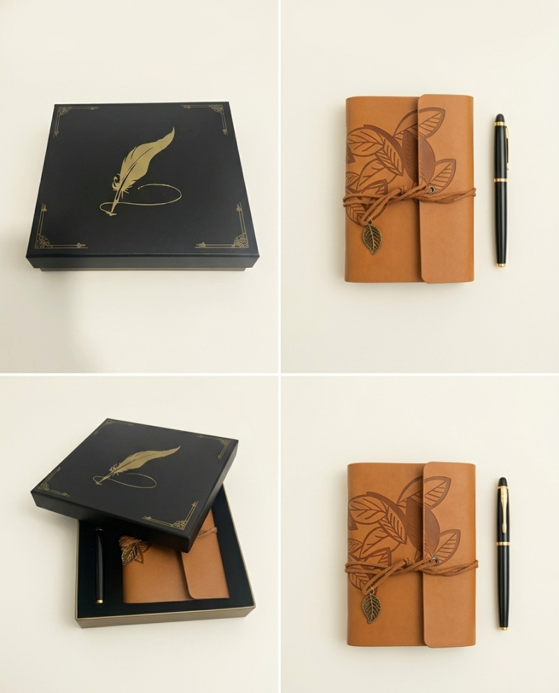 Şık Deri Kapaklı Defter ve Kalem Seti